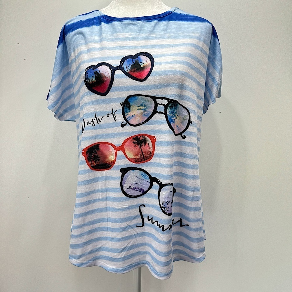 Chico’s Zenergy Blue Striped Dolman Short Sleeve Top w Sequined Sunglasses 1/M